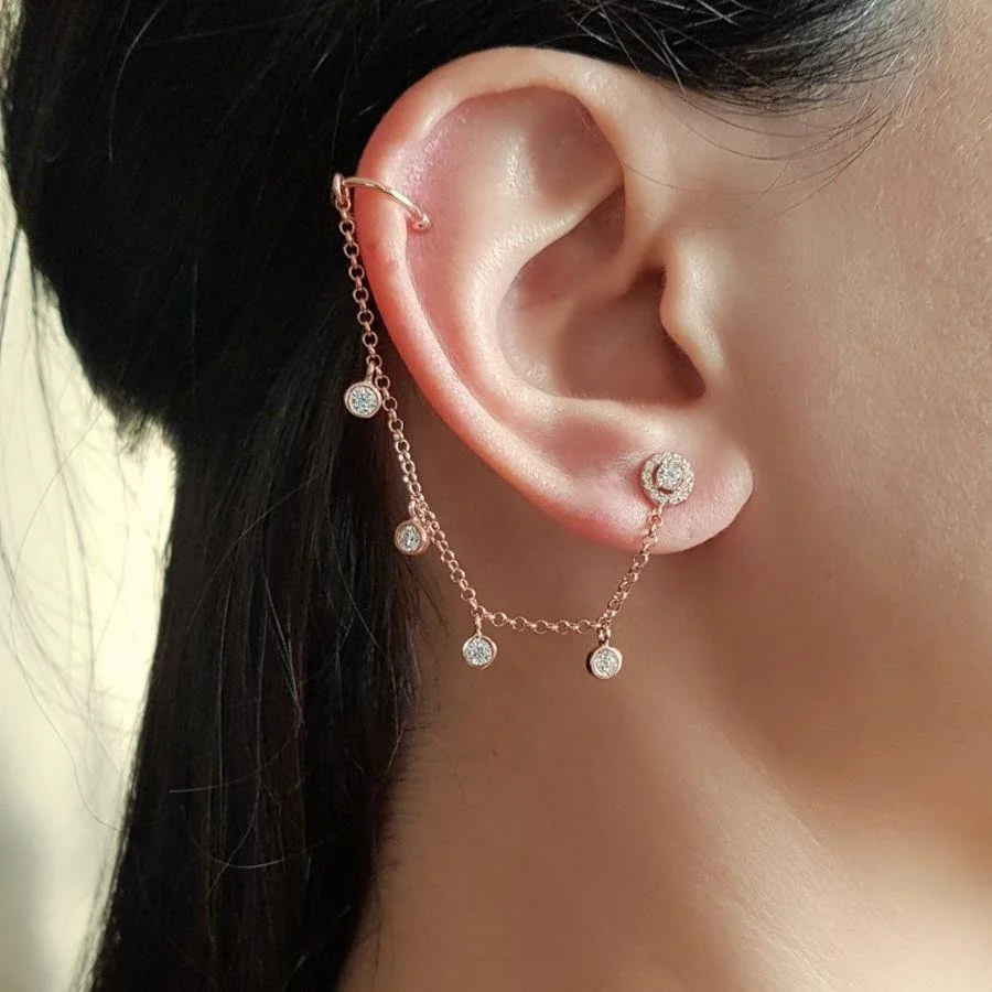 Tektaş Zincir Araları Taşlı Kıkırdak Cuff Rose Gümüş Kadın Küpe - 1