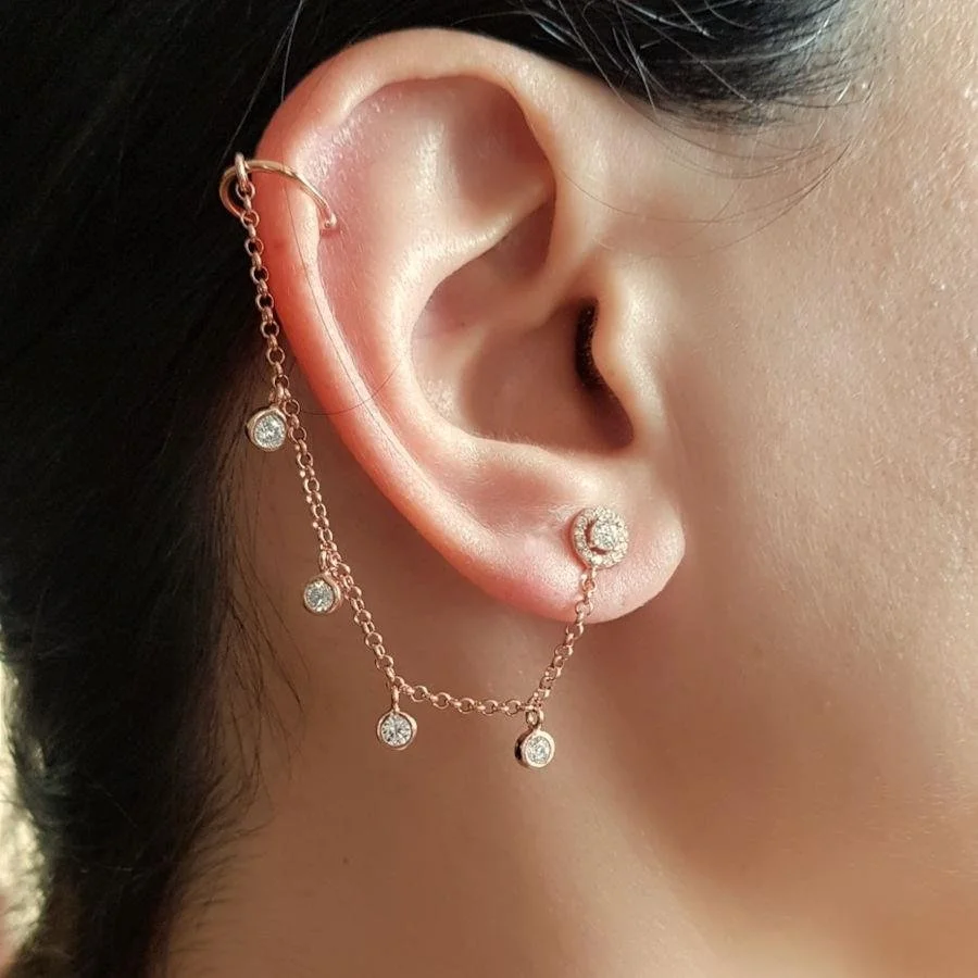 Tektaş Zincir Araları Taşlı Kıkırdak Cuff Rose Gümüş Kadın Küpe - 2