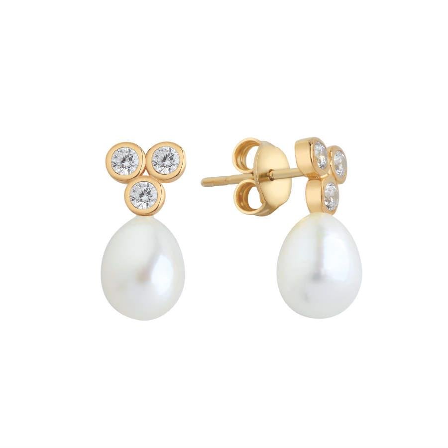 Tria Taşlı Doğal Damla İncili Gümüş Kadın Küpe - CNG Jewels