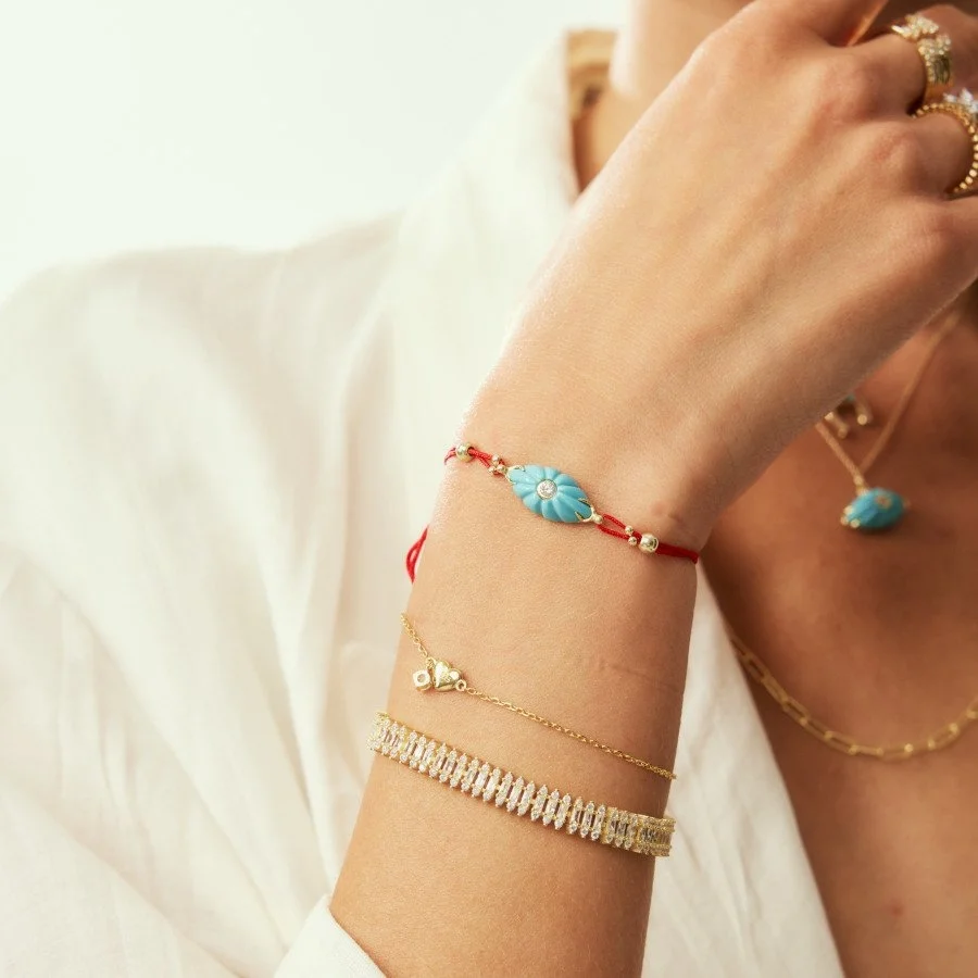 Turkuaz Göz Kırmızı İpli Asansör Gümüş Kadın Bileklik - 2