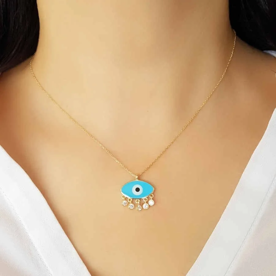 Turkuaz Mineli Nazar Göz Gümüş Kadın Kolye - 3