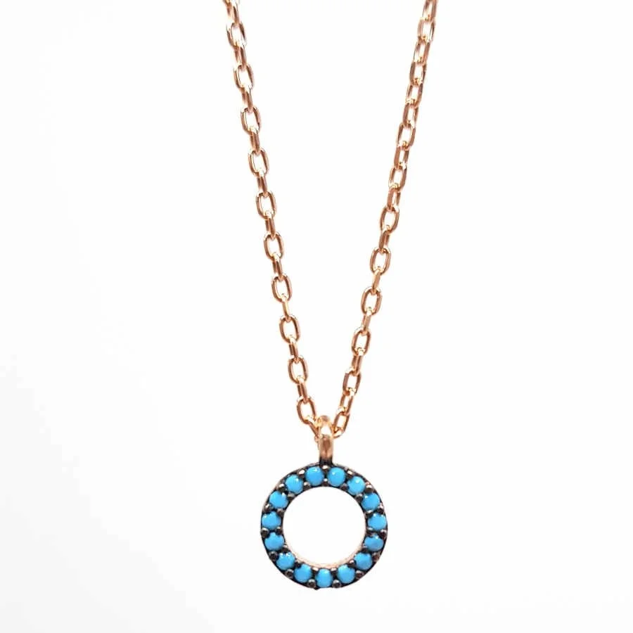 Turkuaz Taşlı Minik Halka Gümüş Kadın Kolye - 1