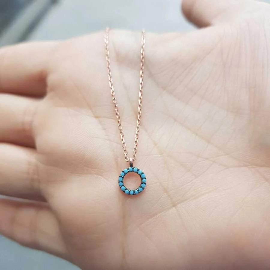 Turkuaz Taşlı Minik Halka Gümüş Kadın Kolye - 2