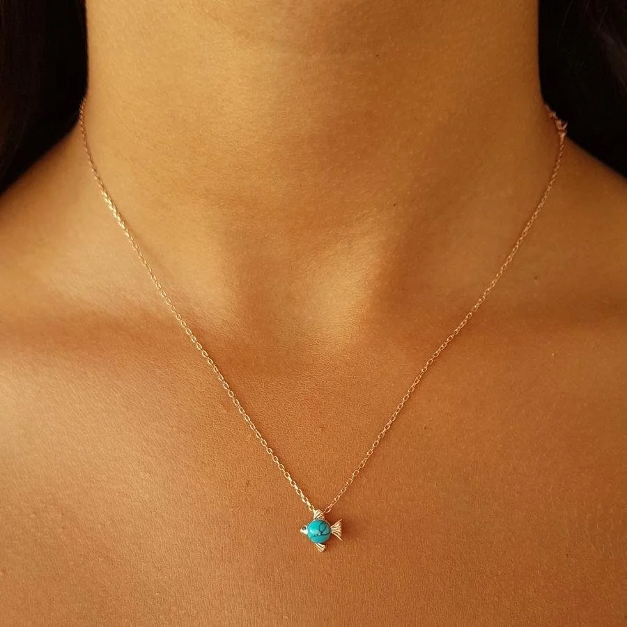 Turkuaz Taşlı Minimal Balık Rose Gümüş Kadın Kolye - 1
