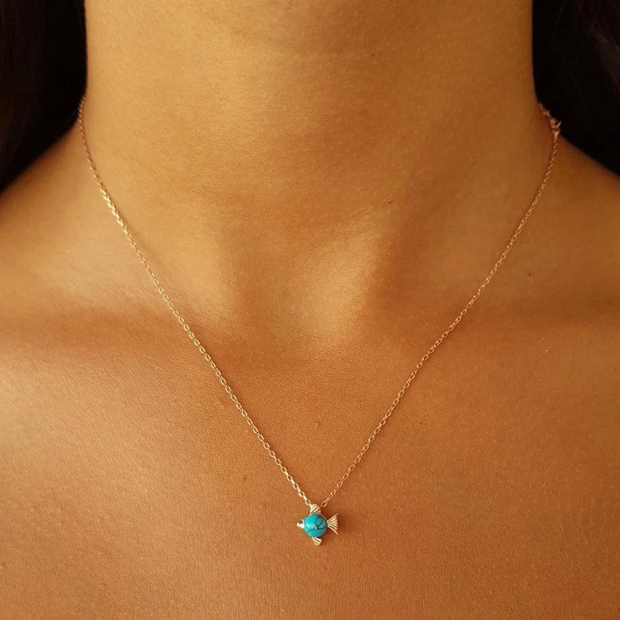 Turkuaz Taşlı Minimal Balık Rose Gümüş Kadın Kolye - 1