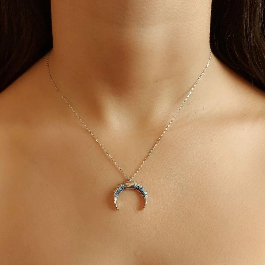 Turkuaz Taşlı Ters Hilal Gümüş Kadın Kolye - 1