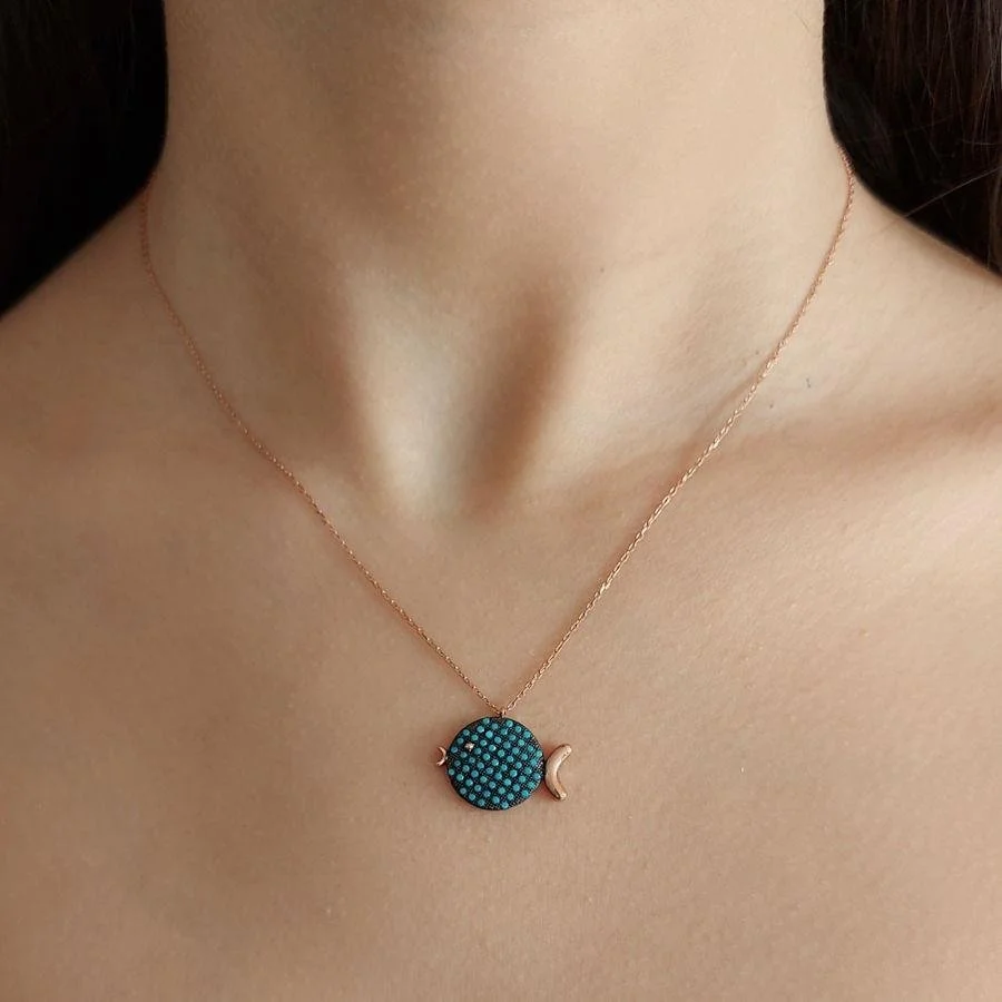 Turkuaz Taşlı Tombul Balık Rosegold Gümüş Kadın Kolye - 2
