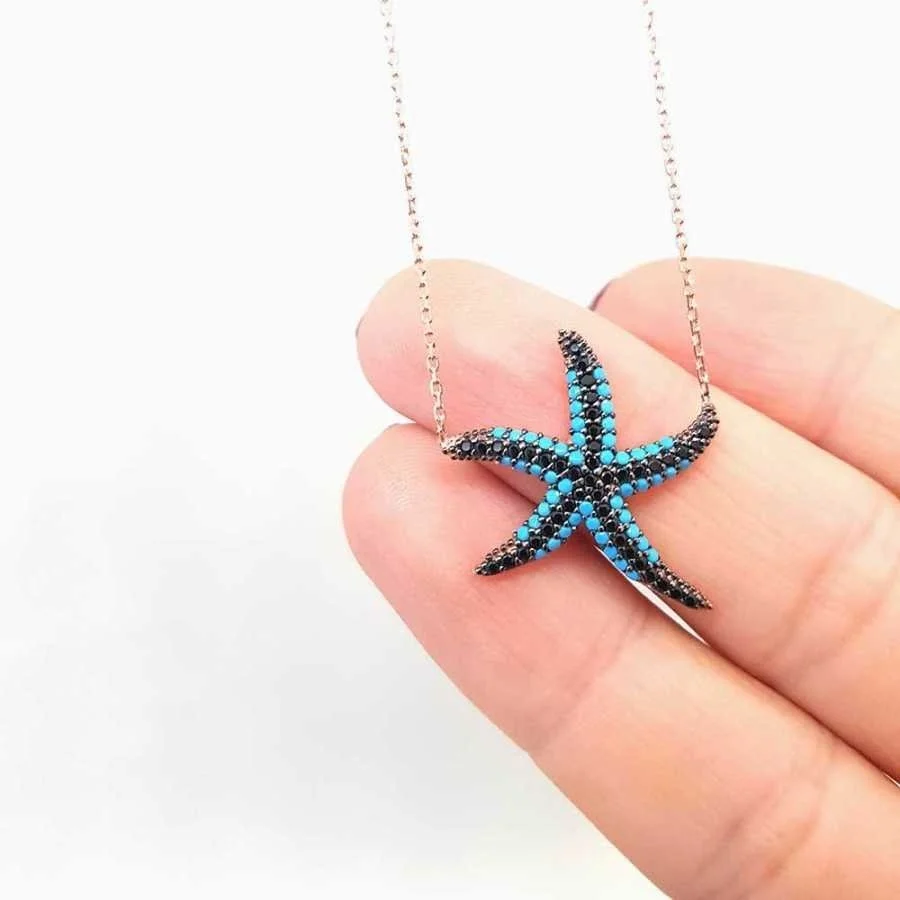 Turkuaz ve Siyah Taşlı Deniz Yıldızı Gümüş Kadın Kolye - 1