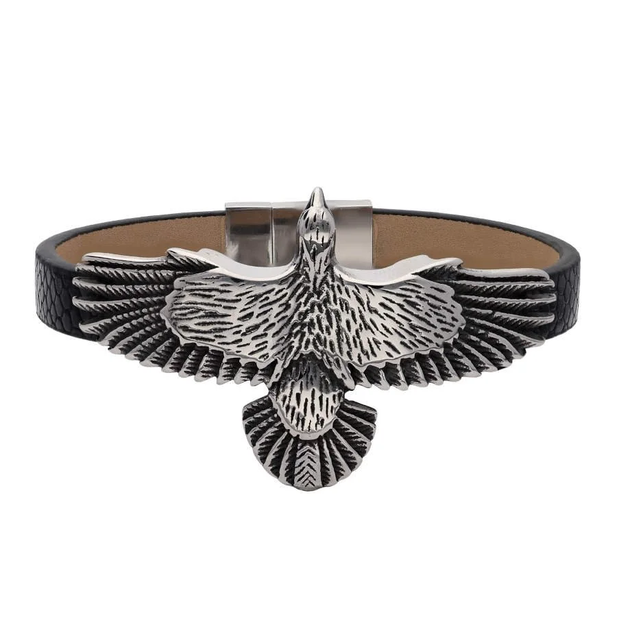 Uçan Kartal Siyah Derili Çelik Erkek Bilekliği - 1