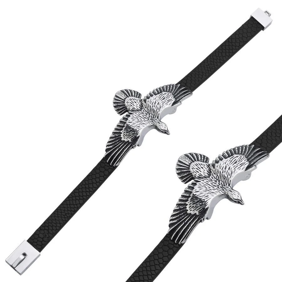 Uçan Kartal Siyah Derili Çelik Erkek Bilekliği - 2