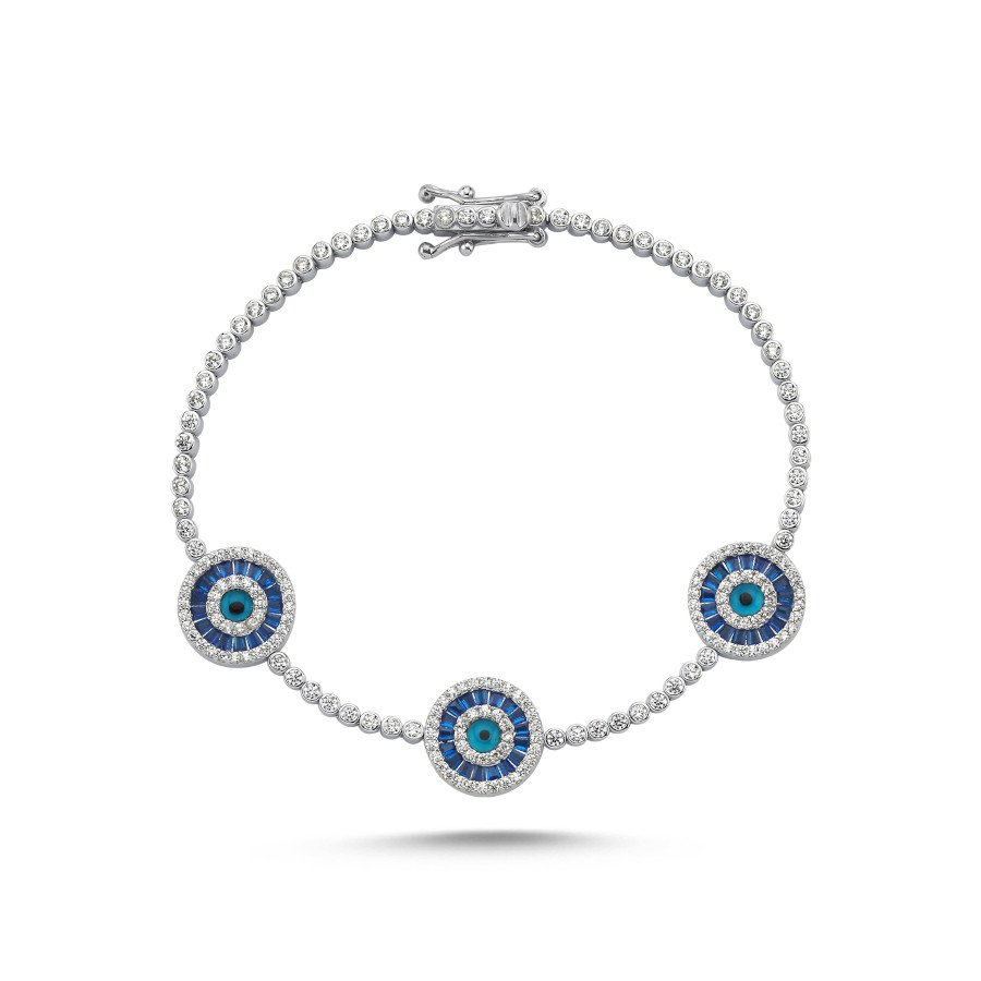 Triple Blue Baguette Evil Eye Beaded Silver Waterway Bracelet - CNG Jewels (1)