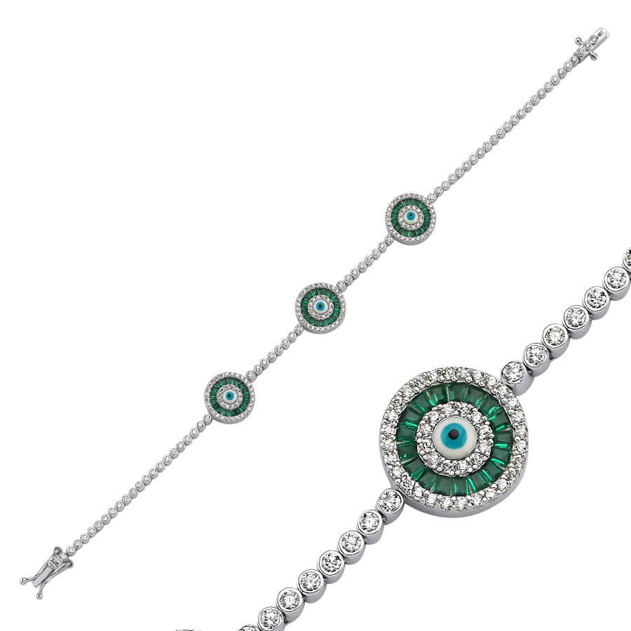 Triple Green Baguette White Evil Eye Bead Waterway Silver Bracelet - CNG Jewels