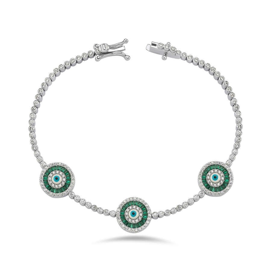 Triple Green Baguette White Evil Eye Bead Waterway Silver Bracelet - CNG Jewels (1)