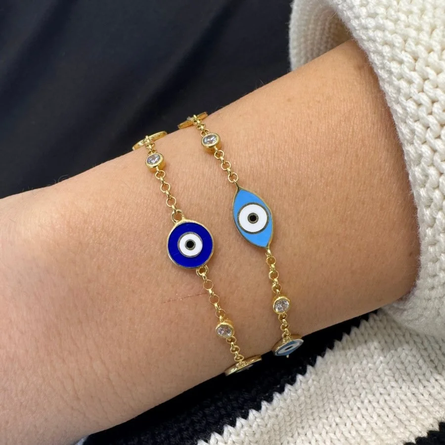 Üçlü Lacivert Mine Nazar Boncuğu Gold Kadın Gümüş Bileklik - 3