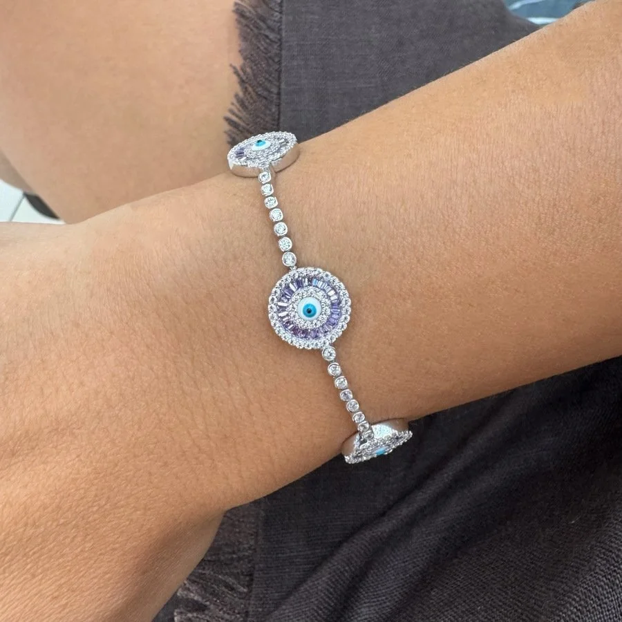Üçlü Lila Baget Beyaz Nazar Boncuğu Su Yolu Gümüş Bileklik - 2