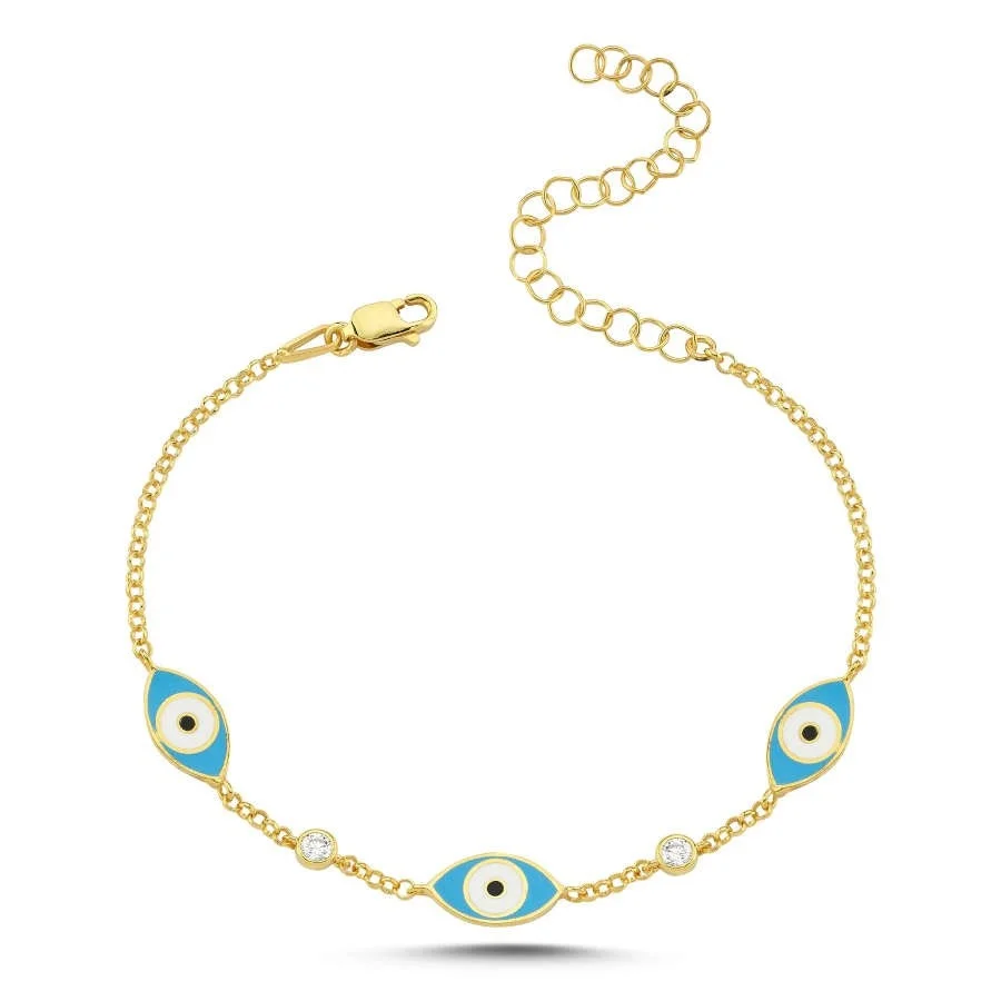 Üçlü Mavi Mine Nazar Boncuğu Gold Gümüş Bileklik - 3