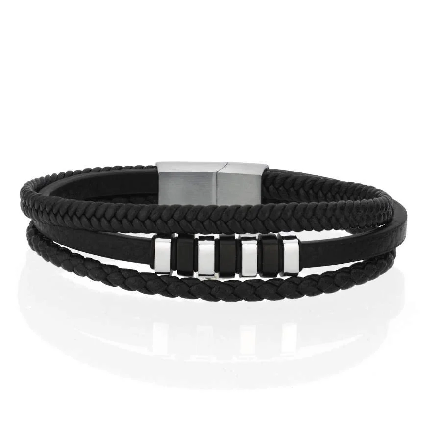 Üçlü Örgü Düz Derili Çelik Erkek Bilekliği - 1