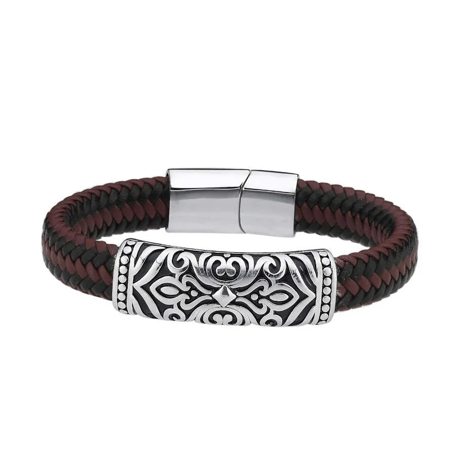 Vintage Desenli Kahve Siyah Derili Çelik Erkek Bilekliği - 1
