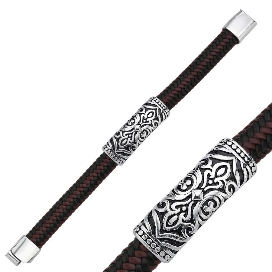 Vintage Desenli Kahve Siyah Derili Çelik Erkek Bilekliği - 2