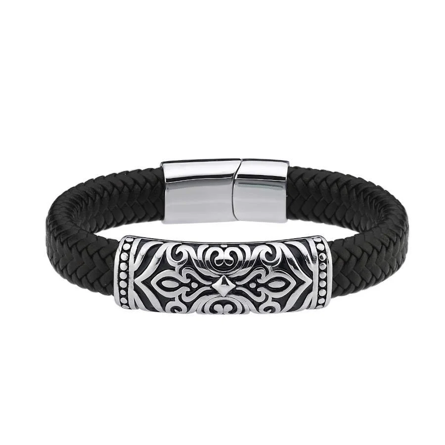 Vintage Desenli Siyah Derili Çelik Erkek Bilekliği - 1