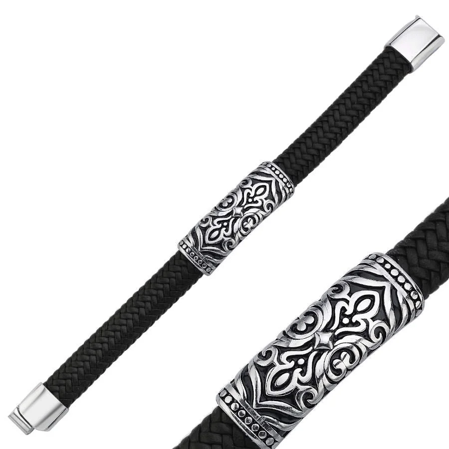 Vintage Desenli Siyah Derili Çelik Erkek Bilekliği - 2