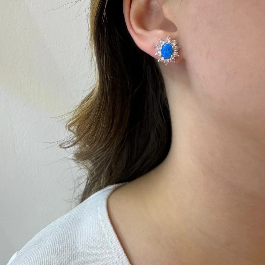 Vintage Oval Mavi Opal Anturaj Kadın Gümüş Küpe - 2