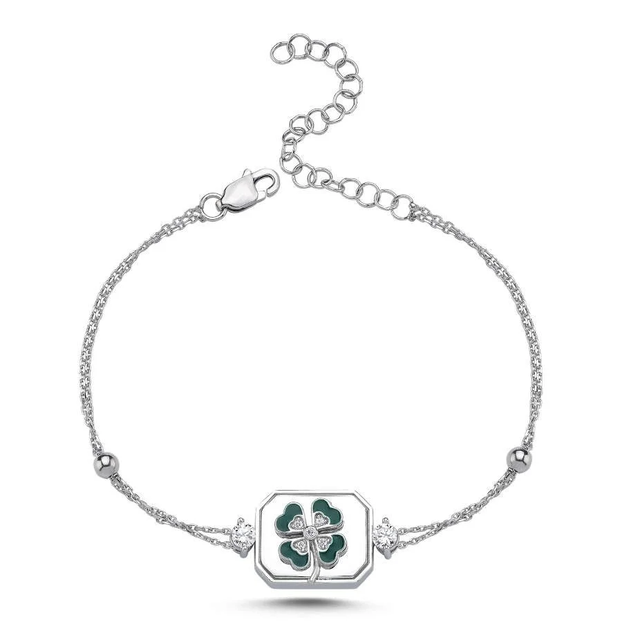 Yeşil Dört Yaprak Yonca Kadın Gümüş Bileklik - 2