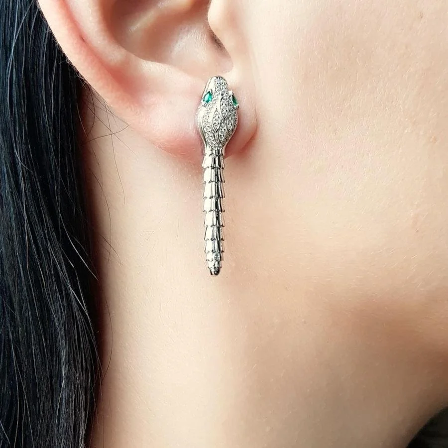 Yılan Derisi Dokulu Tasarım Kadın Gümüş Küpe - 2