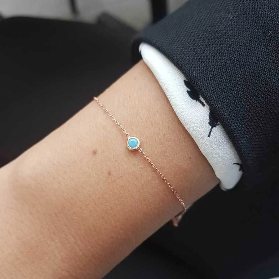 Yuvarlak Minik Turkuaz Taşlı Rose Gümüş Kadın Bileklik - 1